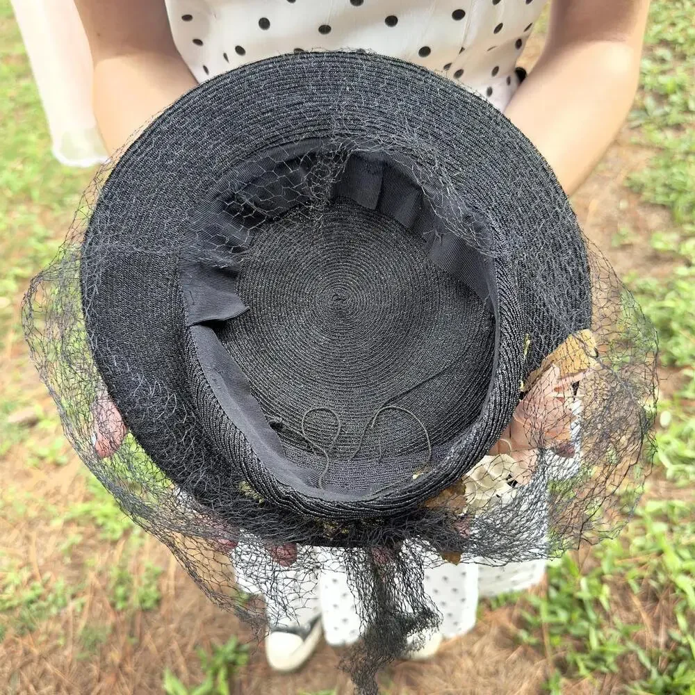 40s black straw cartwheel tilt hat w/ lavender & orange fabric daisies & veil